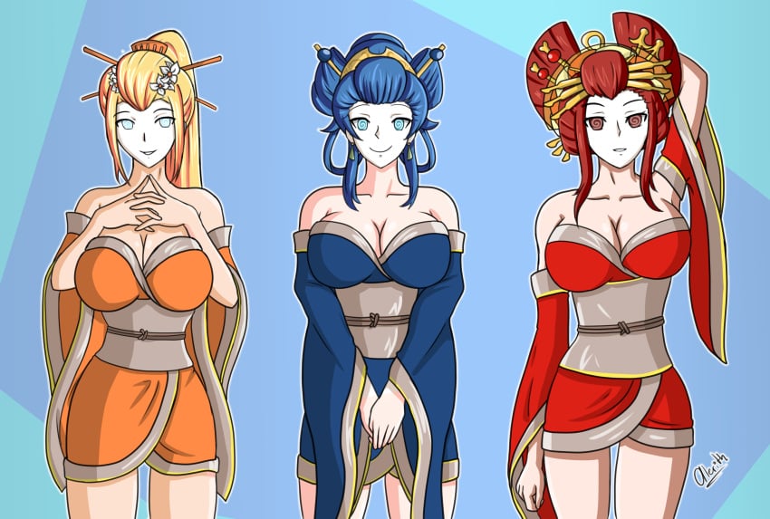 3girls @_@ alerith alternate_costume alternate_hairstyle bare_shoulders blonde_hair blue_eyes blue_hair blush brainwashing breasts cleavage crossover erza_scarlet fairy_tail female female_only femsub fire_emblem fire_emblem_awakening geisha geisha_hair geishafication happy_trance hypnosis japanese_clothes kimono large_breasts lucina_(fire_emblem) makeup metroid mind_control multiple_girls multiple_subs nintendo oiran post_transformation red_eyes red_hair samus_aran shimada_hairstyle shoulders smile spiral_eyes white_skin wide_hips