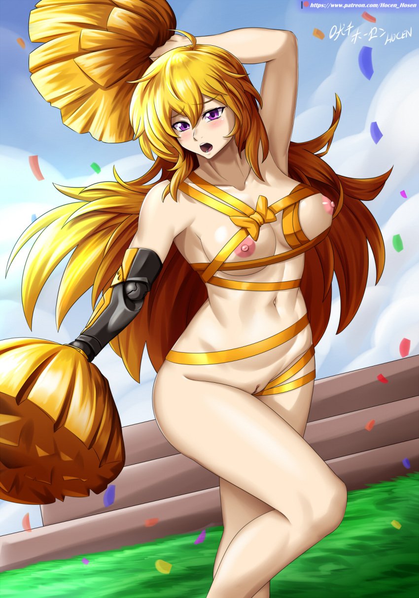 1girls almost_naked blonde_hair breasts half-dressed half_naked hocen long_hair long_hair_female pom_poms purple_eyes robotic_arm rwby yang_xiao_long yellow_ribbon