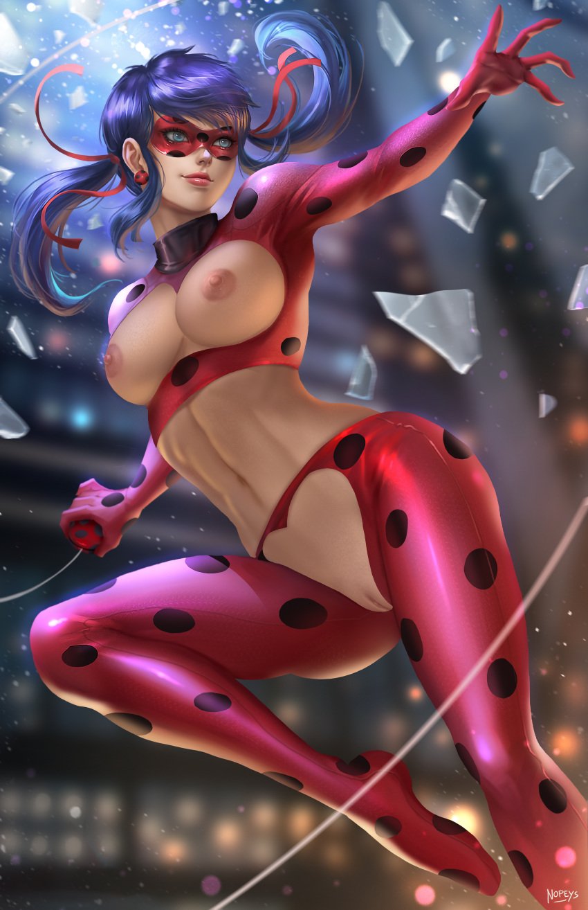 1girls black_hair blue_eyes breasts broken_glass clothing earrings female glass_shards human jewelry ladybug_(character) long_hair marinette_cheng marinette_dupain-cheng miraculous_ladybug mostly_nude nopeys pussy solo tagme