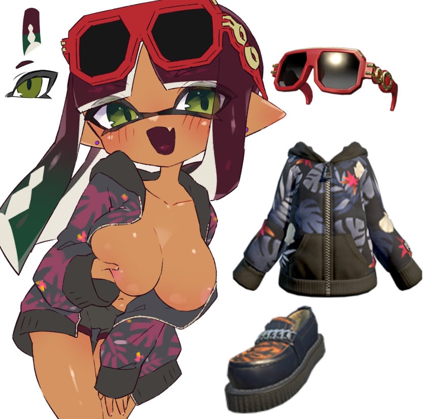 blush dark-skinned_female dark_hair dark_skin inkling inkling_girl large_breasts nipple_peek olive_eyes splatoon splatoon_(series) splatoon_3 tagme tentacle_hair undressing vaz_999