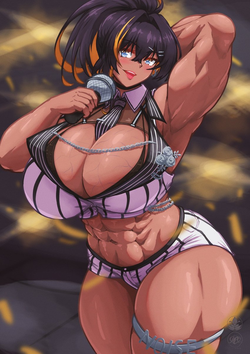 1girls abs arm_up armpits breasts cleavage dark-skinned_female goddess_of_victory:_nikke huge_breasts multicolored_hair muscular_female noise_(classic_diva)_(nikke) noise_(nikke) official_alternate_costume ponytail roneesan solo thigh_strap