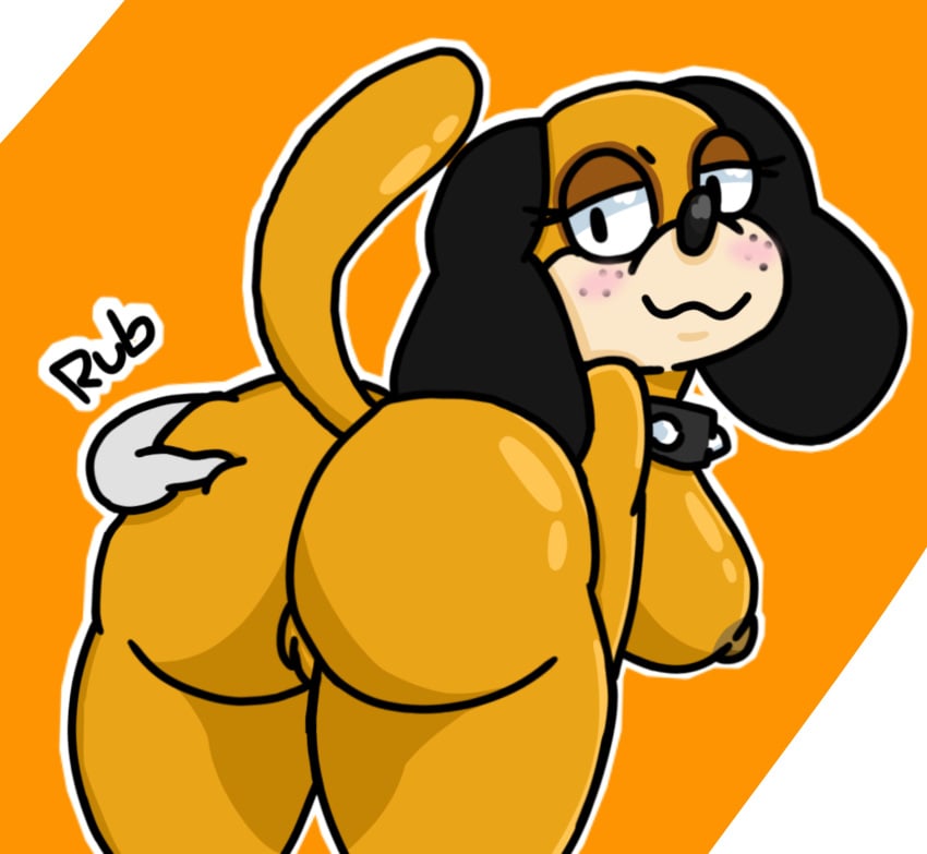 absurd_res anthro ass blush breasts butt_focus butt_grab canid canine canis collar domestic_dog duck_hunt duck_hunt_dog female freckles hand_on_butt hi_res huntress_(lewdewott) lewdewott looking_back mammal nintendo nipples orange_body rule_63 shaded side_boob simple_background simple_shading smile solo text video_games