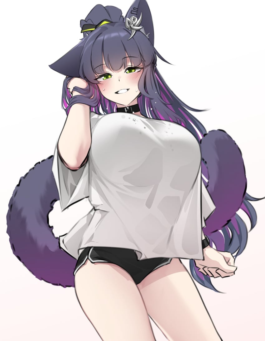 1girls adjusting_hair animal_ear_fluff animal_ears animal_tail arknights big_breasts blue_hair blush breasts busty cat_ears cat_girl cat_tail choker cute ear_piercing enormous_breasts female female_focus female_only fluffy fluffy_ears fluffy_tail giant_breasts gigantic_breasts green_eyes hair_between_eyes hair_ornament half-closed_eyes hips huge_breasts hyper_breasts jessica_(arknights) jessica_the_liberated_(arknights) k0ng large_breasts legs light-skinned_female light_skin long_hair looking_at_viewer looking_down massive_breasts multicolored_hair naughty_face naughty_smile one_ear_down one_ear_up open_mouth open_smile piercing ponytail posing purple_hair seductive seductive_eyes seductive_gaze seductive_look seductive_mouth seductive_pose seductive_smile short_shorts shorts simple_background smile smiling smiling_at_viewer smug smug_face smug_smile solo solo_female sweat sweatdrop tagme teeth teeth_showing thick thick_legs thick_thighs thighs tied_hair tight_clothing tight_fit two_tone_hair waist wasp_waist white_background wide_hips