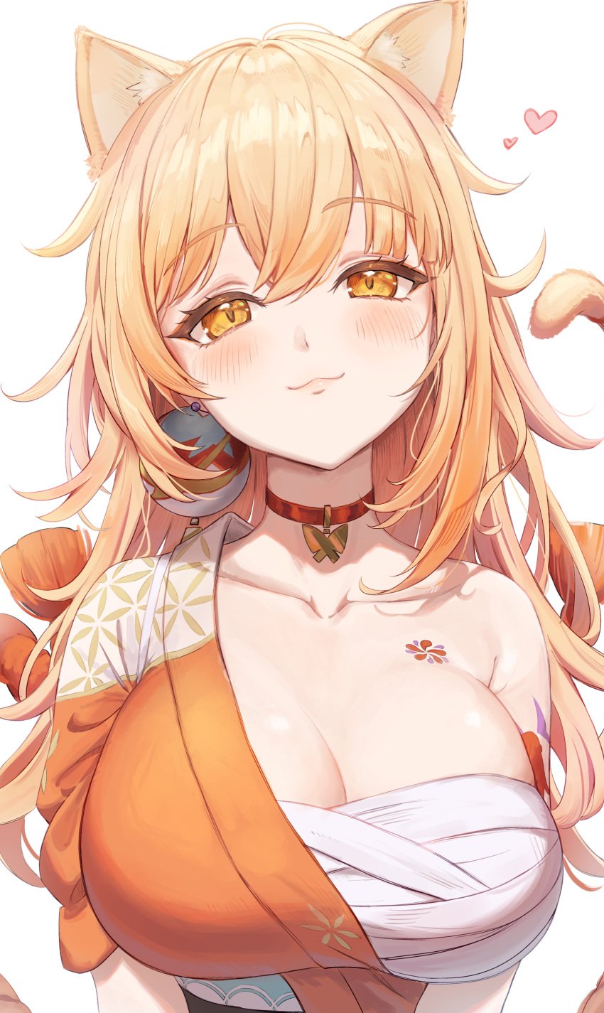 1girls :3 alternate_hairstyle animal_ears bandage bandaged_chest big_breasts blonde_hair blush breasts busty cat_ears catgirl chest_wraps choker collarbone cute esukeipu001 eyelashes female female_only fringe genshin_impact hi_res huge_breasts kimono long_hair looking_at_viewer mihoyo orange_eyeshadow orange_hair pale-skinned_female petite petplay red_eyeshadow roleplay shimenawa teenager upper_body uwu white_background yellow_eyes yoimiya_(genshin_impact)