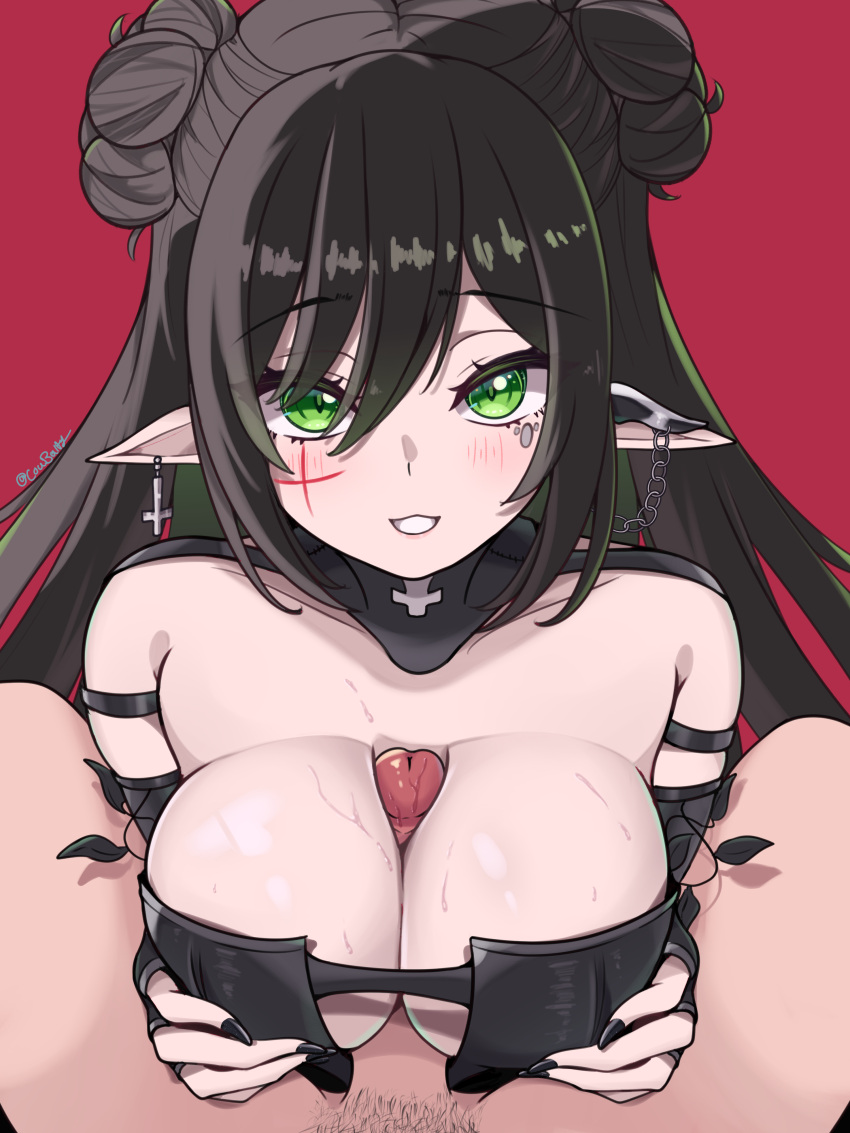 1boy 1girls absurdres bare_shoulders black_hair black_nails breasts breasts_squeezed_together chains cleavage collarbone commission coubalty cross cross_facial_mark detached_collar double_bun dress ear_covers female fingerless_gloves gloves gothic green_eyes grin hair_bun highres indie_virtual_youtuber inverted_cross inverted_cross_earrings large_breasts layna_lazar light-skinned_female light-skinned_male light_blush light_skin long_hair looking_at_viewer male_pov nail_polish paizuri paizuri_under_clothes penis pointy_ears pov red_background sidelocks single_ear_cover smile strapless strapless_dress swept_bangs tsurime tube_dress uncensored virtual_youtuber