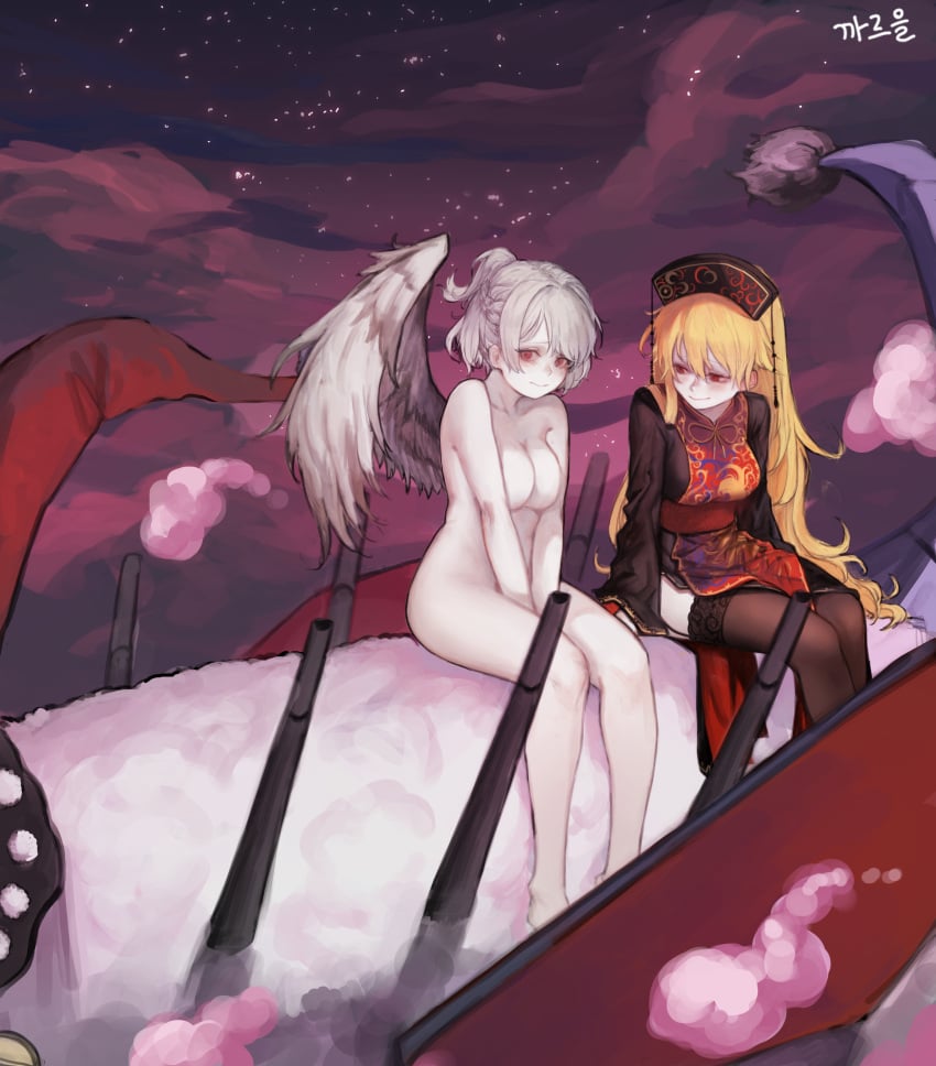 2girls absurdres black_dress black_legwear blonde_hair braid breasts chinese_clothes doreking doremy_sweet dress feathered_wings garter_straps hair_between_eyes hat heoningu highres junko_(touhou) kishin_sagume lace lace-trimmed_legwear lace_trim long_hair long_sleeves mature_female medium_breasts milf multiple_girls night night_sky non-web_source nude outdoors pale_skin red_eyes red_headwear silver_hair single_wing sitting sky smile star_(sky) starry_sky tabard thighhighs third-party_source touhou very_long_hair wing_collar wings yuri