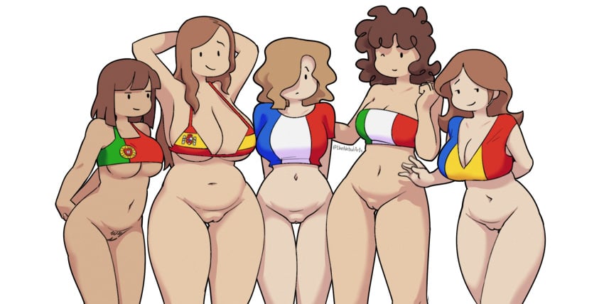 5girls bikini bottomless breasts brown_hair casual_bottomless cleavage clothing countryhumans countryhumans_girl crop_top female female_only flag_bikini france france_(countryhumans) hair_over_one_eye half-dressed italy italy_(countryhumans) long_hair mediterranean multiple_girls national_personification navel nebularts portugal portugal_(countryhumans) pussy romania romania_(countryhumans) romanian_flag shirt short_hair spain spain_(countryhumans) standing swimsuit thick_thighs thighs underboob visible_pussy white_background