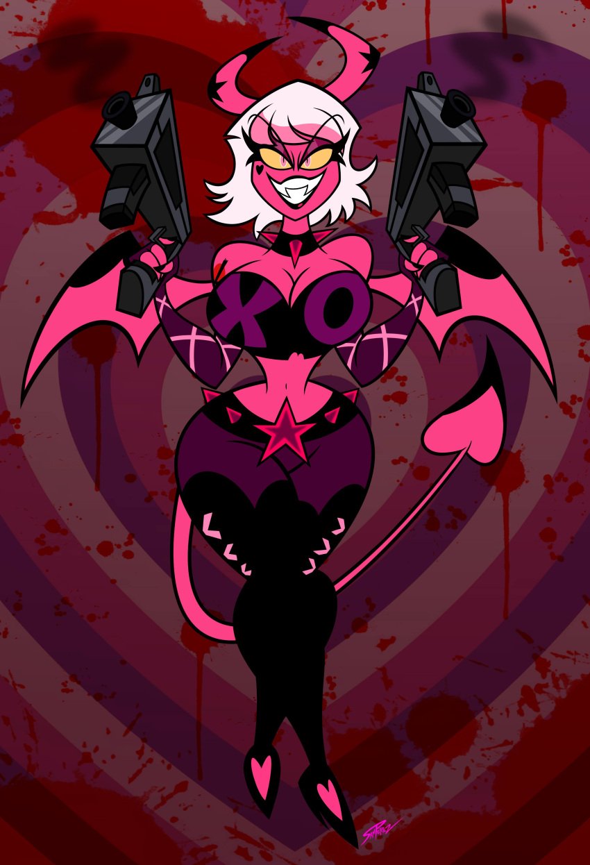 accurate_art_style alternate_universe black_footwear blood cleavage collar curvy dual_wielding elbow_gloves fangs full_body grin gun helluva_boss high_heels hourglass_figure large_breasts medium_h medium_hair pink_eyes pink_hair pink_skin redesign samperez spiked_collar standing tail thigh_boots tubetop verosika_mayday_(helluva_boss) yellow_sclera