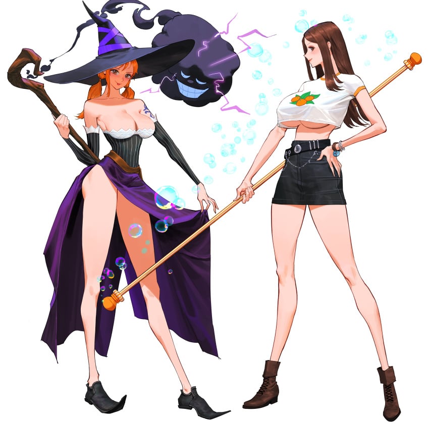 2girls air_creature armwear big_breasts casual cleavage cloud cloud_creature dragon's_crown dress female female_only long_hair looking_at_viewer nami one_piece post-timeskip red_hair solo sorceress_(dragon's_crown) staff thick_thighs white_background witch_hat wonbin_lee