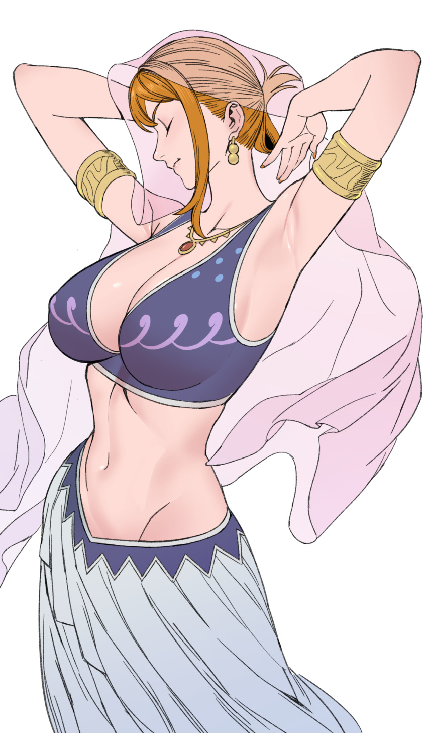 1girls alabasta arabasta_kingdom arabasta_saga armlet armpits arms_up belly_dancer belly_dancer_outfit cleavage female female_only harem_girl harem_outfit huge_breasts nami necklace one_piece orange_hair pre-timeskip skirk uukkaa veil voluptuous