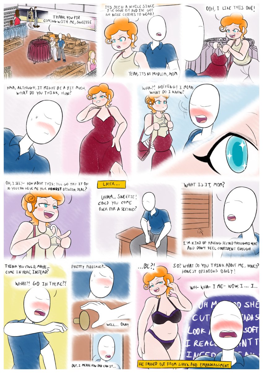 chubby comic comic_page dialogue dressing_room incest lingerie milf mom_(noxshade) mother_and_son noxshade original_character red_dress son_(noxshade) tagme text