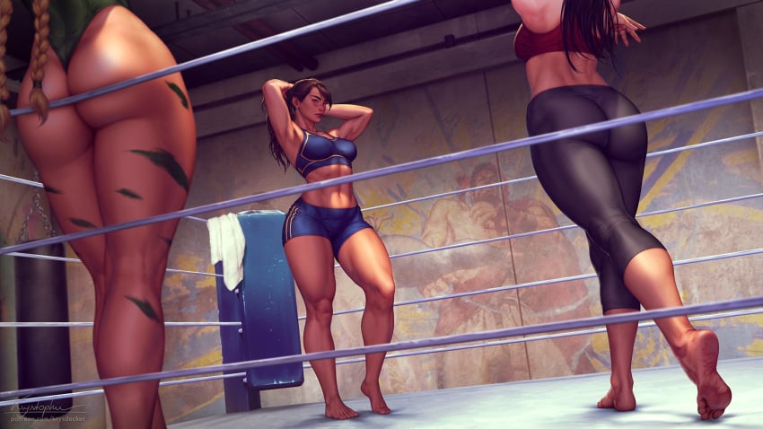 3girls abs adjusting_hair anatomically_correct arms_up ass athletic_female bare_legs barefoot black_hair boxing_ring braid breasts cammy_white capcom catfight chun-li commentary crossover dat_ass english_commentary feet female female_focus female_only fighting_ring fit fit_female gym head_out_of_frame highres krysdecker krystopher_decker leaning_on_object leotard looking_at_another medium_breasts multiple_girls muscular muscular_female paid_reward_available pants punching_bag realistic short_shorts shorts soles sports_bra spy_x_family standing street_fighter stretching thick_thighs thong_leotard toes towel twin_braids yoga_pants yor_briar