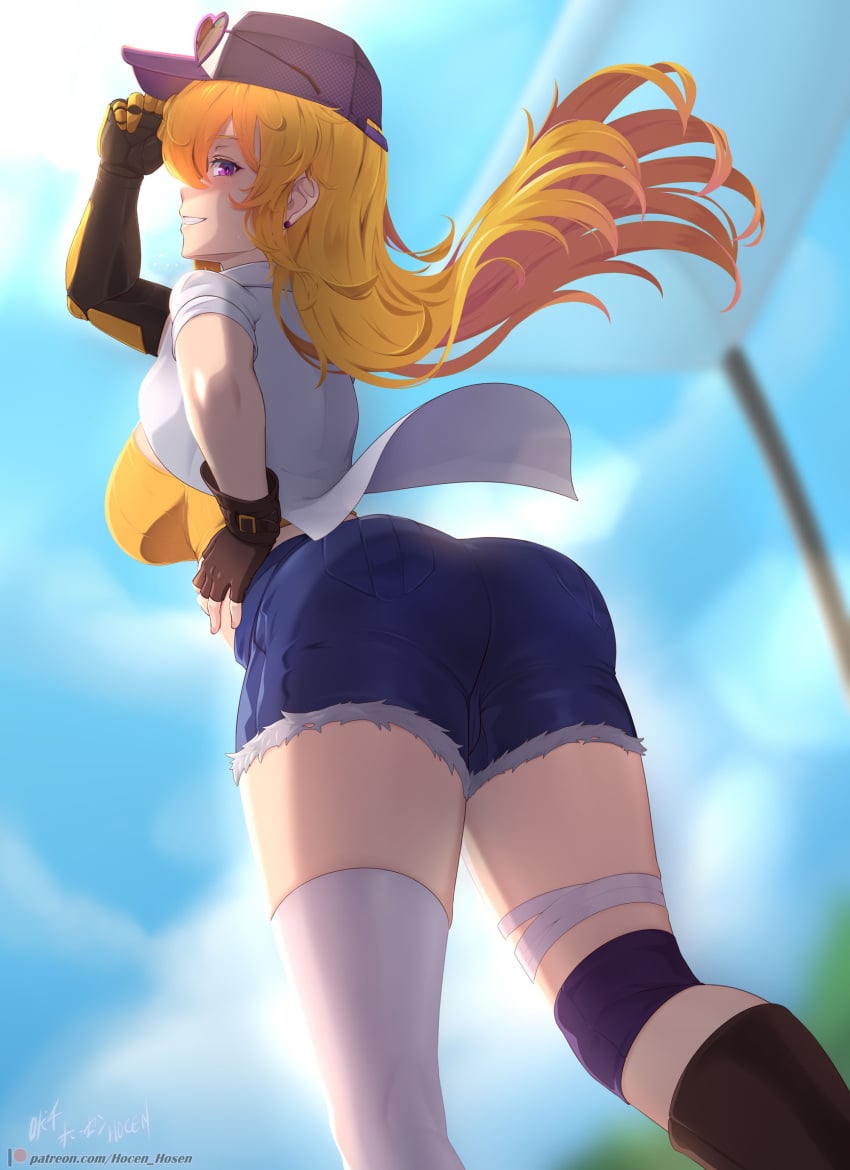 1girls ass ass_focus blonde_female blonde_hair clothed_female hocen long_hair long_hair_female purple_eyes robotic_arm rwby yang_xiao_long