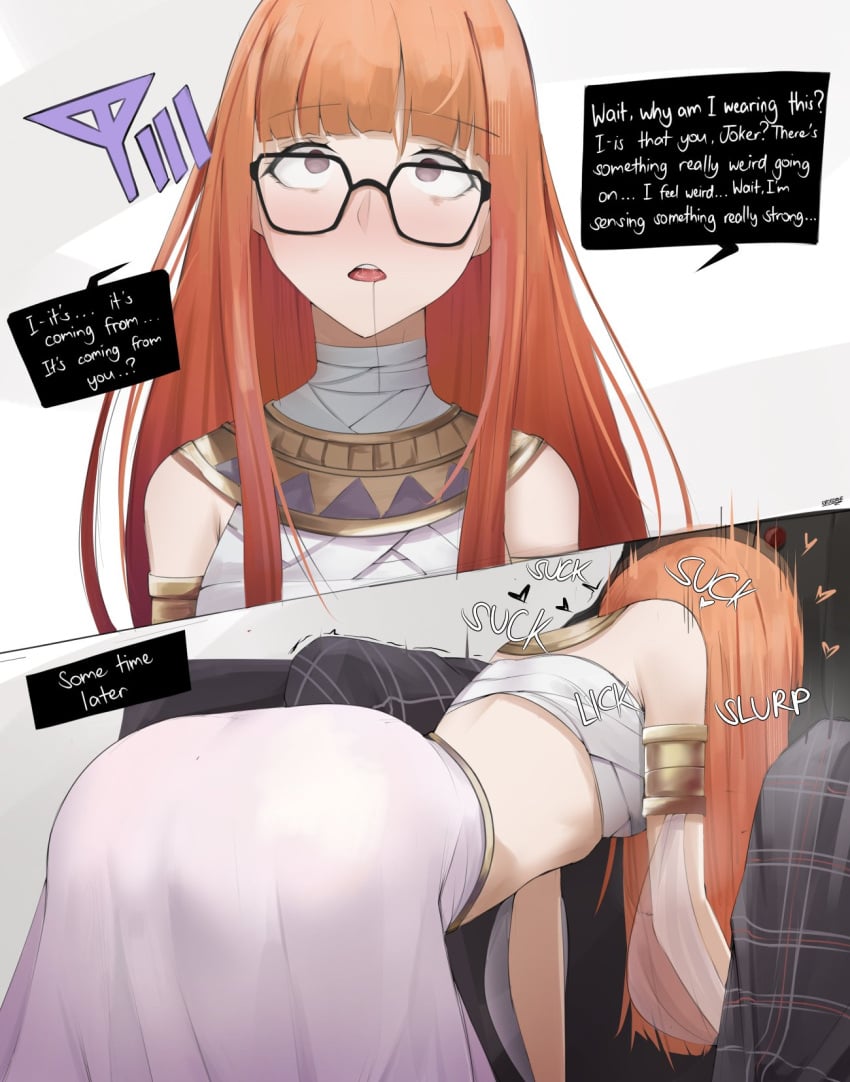 1boy 1girls all_fours ass blowjob brainwash brainwashed brainwashing drool drooling english_text eroborne fellatio glasses hypnosis instant_loss_2koma joker_(persona) long_hair mind_control persona persona_5 persona_5_royal ren_amamiya sakura_futaba sucking_penis text