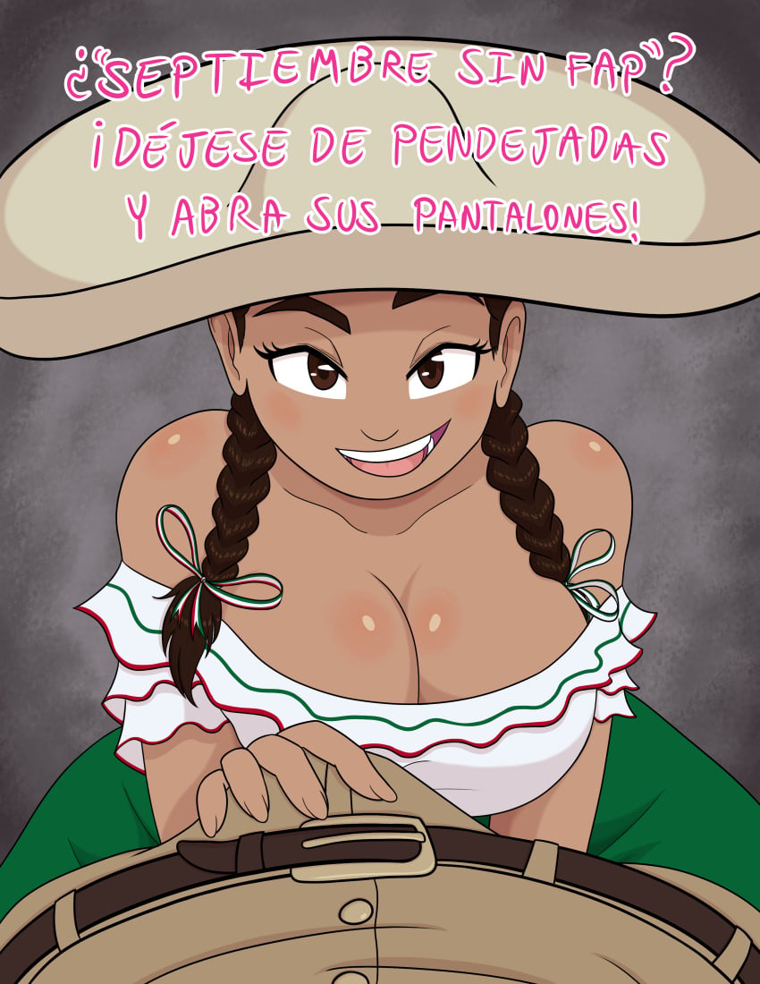 1boy 1girls adelita_(noxshade) big_breasts bulge_through_clothing dark-skinned_female dialogue female human latina male male/female mexican noxshade original_character septiembre_sin_fap smile sombrero spanish_dialogue spanish_text tagme text translation_request