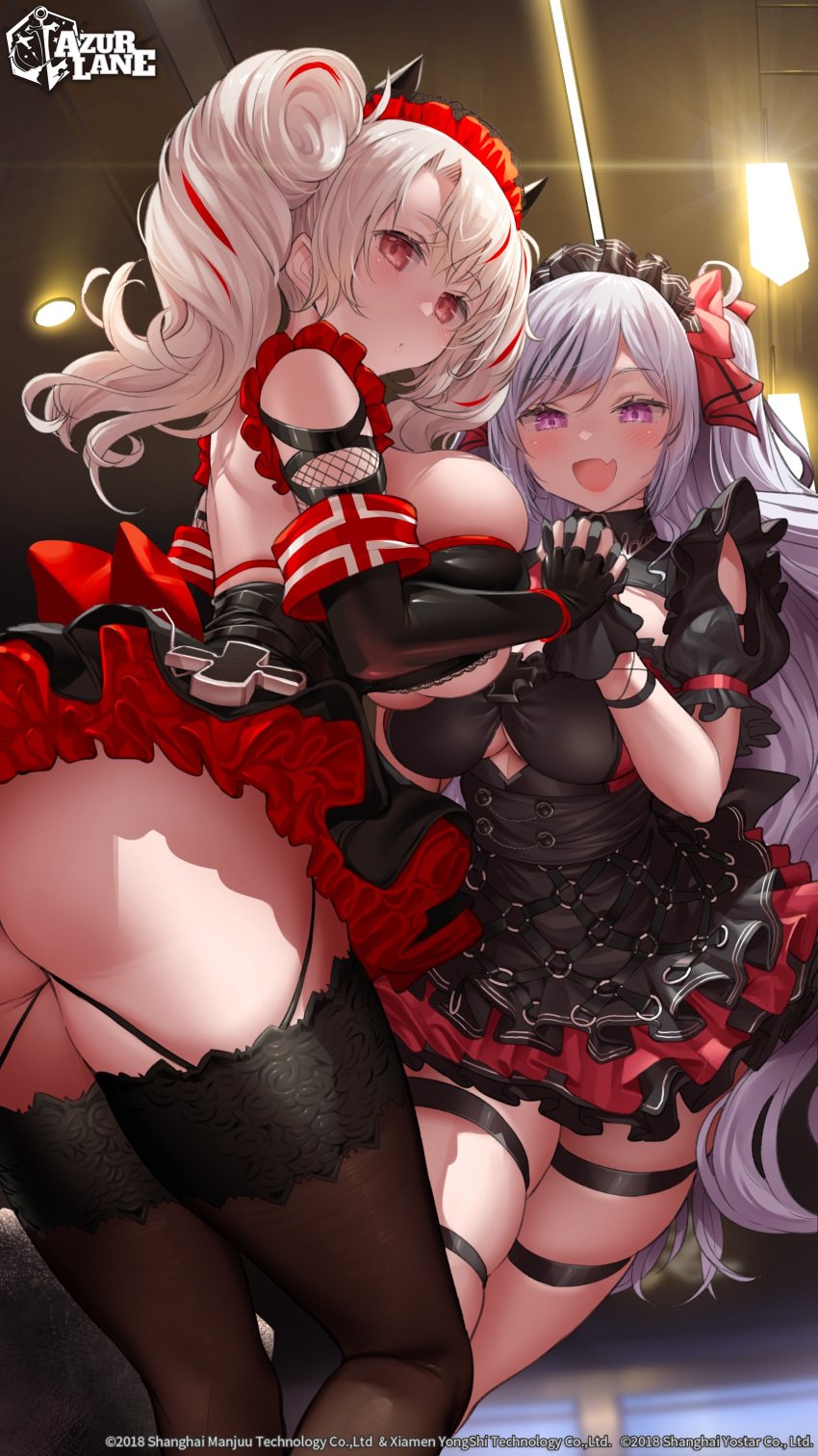 2girls ass azur_lane breasts elbe_(azur_lane) elbe_(time_to_show_off?)_(azur_lane) female hips huge_ass huge_breasts iron_blood_(azur_lane) light-skinned_female light_skin long_hair naughty_face official_art prinz_adalbert_(after-hours_service)_(azur_lane) prinz_adalbert_(azur_lane) thick_thighs thighs twintails uo_denim white_hair wide_hips