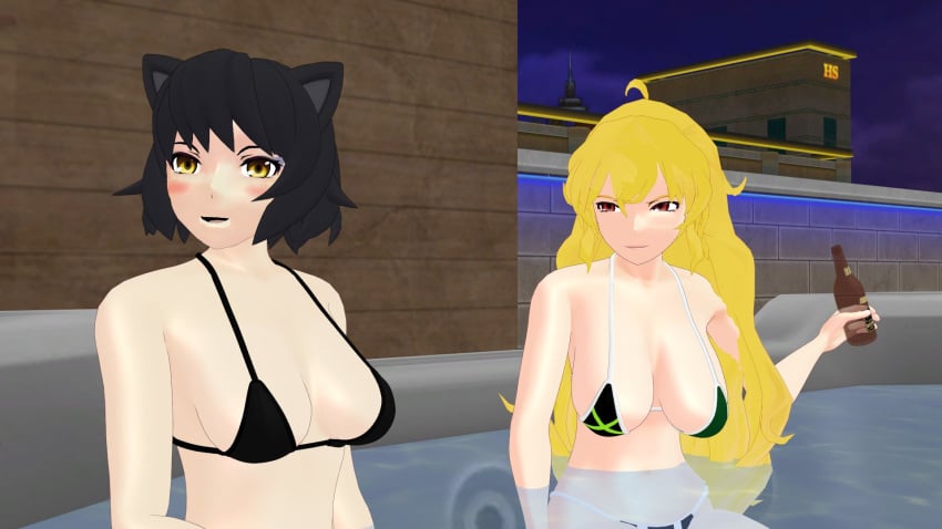 2girls beer_bottle bikini bikini_bottom bikini_top black_hair black_hair_female blake_belladonna blonde_female blonde_hair cat_ears hot_tub long_hair long_hair_female multiple_girls red_eyes rwby theblackbirdcalls yang_xiao_long yellow_eyes