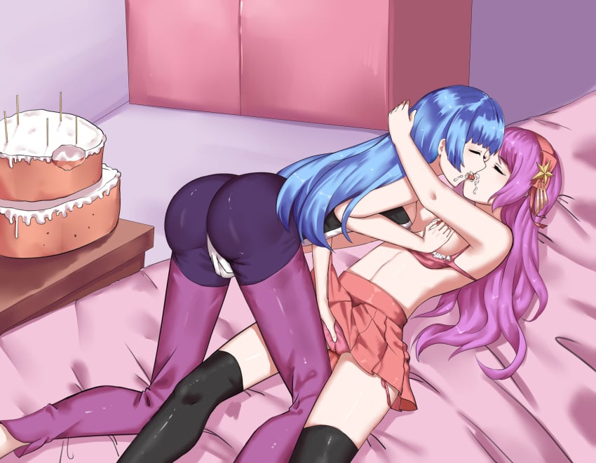 2girls athena_asamiya bed bed_sheet bedroom birthday_cake blue_hair bra bra_down cake closed_eyes closet cowgirl_position female/female female_focus female_only fingering floor food french_kiss girl_on_girl girls girls_only grabbing_another's_breast hair_ornament hairband hand_in_another's_panties highres hug hugging indoors johnsonjwj king_of_fighters kissing kneeling kula_diamond lesbian long_hair lying_on_bed multiple_girls only_female panties psycho_soldier purple_hair pussy_juice saliva shirt skirt skirt_up table thigh_highs tongue tongue_out underwear wet_pussy yuri