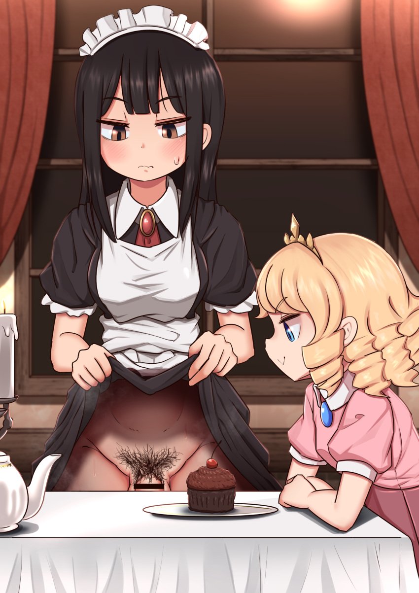 1futa 1girls apron balls bangs bar_censor black_dress black_hair blonde_hair blue_eyes blush breasts brown_eyes candle censored closed_mouth clothed clothes_lift clothing cupcake dress dress_lift drill_hair duo female female_pubic_hair food fully_clothed futanari highres human indoors lemon_snail lifted_by_self light-skinned_futanari light_skin long_hair maid maid_headdress mostly_clothed multiple_girls original penis penis_peek pink_dress plate pubic_hair short_sleeves smile standing table white_apron window