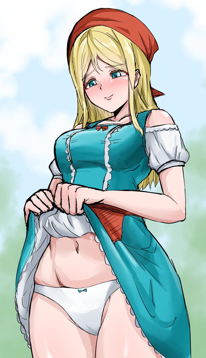 1girls blonde_hair blue_eyes blush dragon_quest dragon_quest_xi gemma_(dq11) kahun9893 lifted_by_self medium_breasts nintendo outdoors panties skirt skirt_lift smile square_enix white_panties