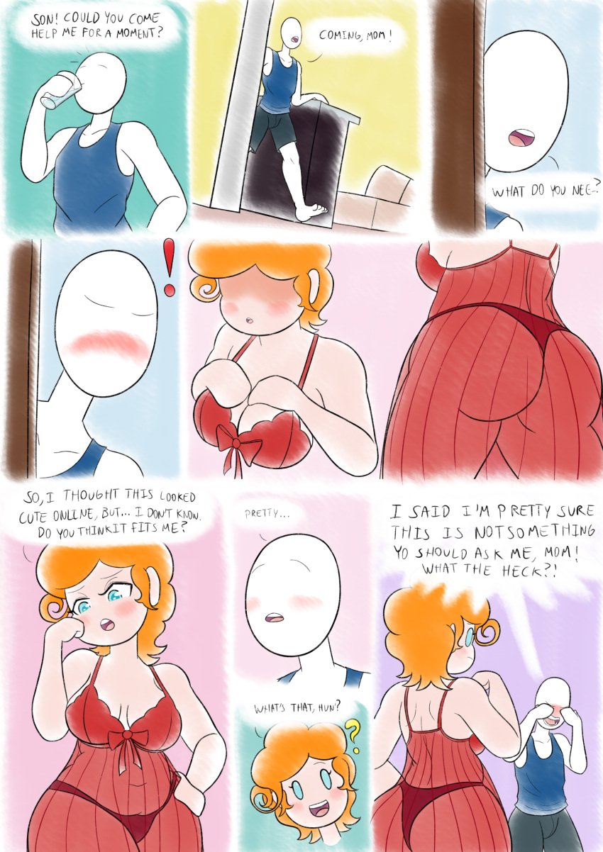 chubby comic comic_page dialogue incest lingerie lingerie_only milf mom_(noxshade) mother_and_son noxshade original_character son_(noxshade) tagme text