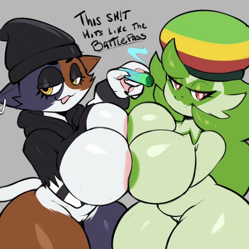 2girls anthro big_breasts breasts drugs female fortnite furry meow_skulls_(fortnite) pokémon_(species) pokemon pokemon_sv pussy sprigatito tagme tail virito