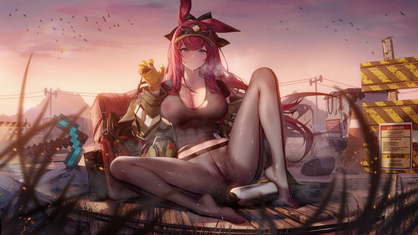 1girls animal_ears areolae arknights backpack big_breasts binggong_asylum birds black_legwear black_pantyhose blush bottle breasts bunny_ears cameltoe cap cleavage diamond_pickaxe feet feet_in_stockings female female_only gloves grass heavy_breathing large_breasts legs legwear light-skinned_female long_hair looking_at_viewer nail_polish nipples nipples_visible_through_clothing on_ground outdoors outside pantyhose partially_clothed pickaxe ray_(arknights) red_hair sitting sitting_on_ground sky solo sunset sweat sweatdrop sweating t-shirt toenail_polish torn_clothes torn_t-shirt water_bottle wet wet_skin