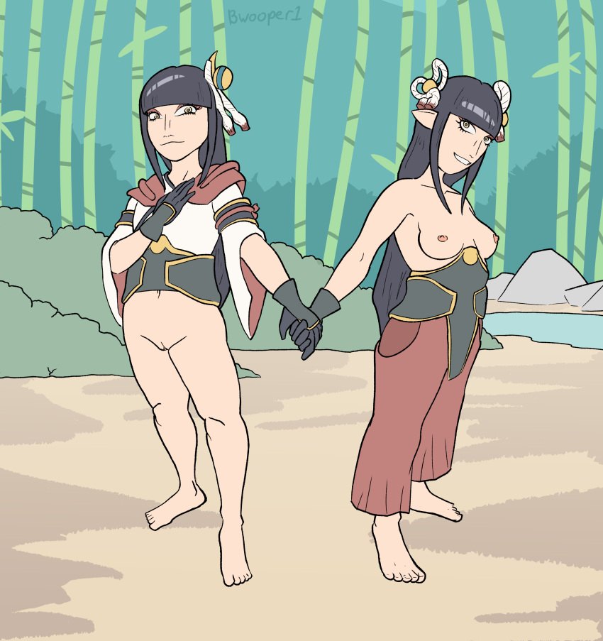 2girls bottomless bwooper1 hinoa minoto monster_hunter multiple_girls sisters topless topless_female twins wyverian