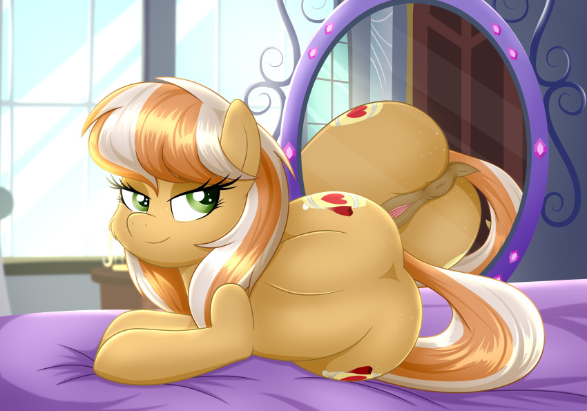 absurd_res anus ass bedroom_eyes big_butt cutie_mark equid equine fan_character female feral genitals hi_res horse lying mammal mirror my_little_pony narrowed_eyes on_side pony pussy rainbownspeedash reflection seductive smile solo