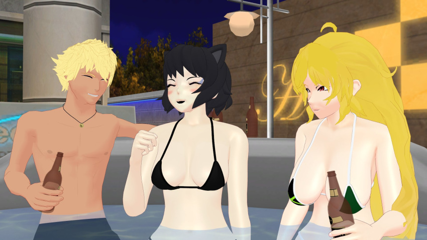 1boy 2girls beer_bottle bikini bikini_top black_hair black_hair_female blake_belladonna blonde_hair blonde_hair_female cat_ears faunus laughing long_hair long_hair_female rwby sun_wukong_(rwby) theblackbirdcalls yang_xiao_long