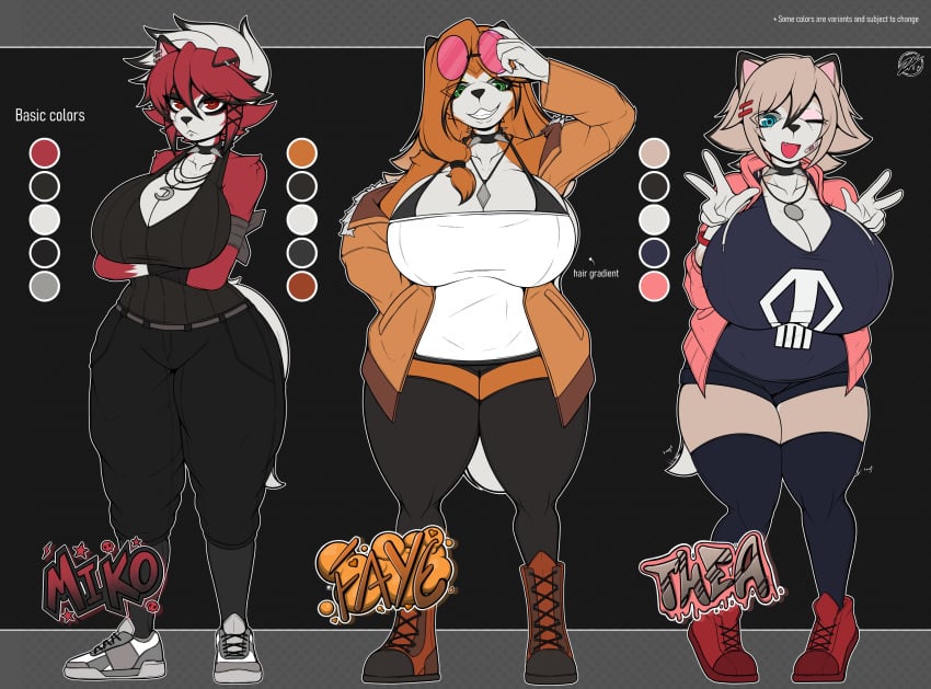 2024 2d 2d_(artwork) 3girls 5_fingers anthro anthro_only anthrofied beige_hair big_breasts big_thighs black_bra blue_eyes breasts choker cleavage clothing dusk_lycanroc faye_(zak_hitsuji) female female_focus female_only fully_clothed furry furry_female furry_only glasses green_eyes hi_res highres hips hourglass_figure huge_breasts large_breasts large_thighs leggins looking_at_viewer lycanroc midday_lycanroc midnight_lycanroc miko_(zak_hitsuji) necklace nintendo orange_hair pokémon_(species) pokemon red_eyes red_fur red_hair reference_sheet sign skindentation spiked_collar sunglasses thea_(zak_hitsuji) thick_thighs thighhighs thighs tight_clothing tongue tongue_out white_fur white_hair wide_hips zak_hitsuji