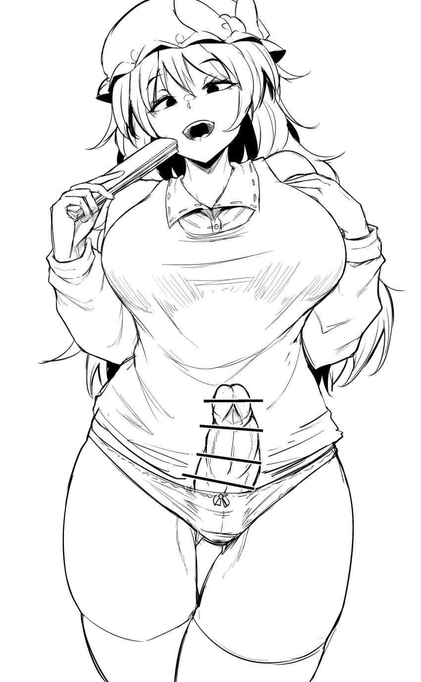 1futa big_breasts big_penis bow breasts censored clothed clothing erection futa_only futanari hand_fan hat hat_bow highres human large_breasts large_penis long_hair long_sleeves looking_at_viewer makin_tama monochrome open_mouth panties partially_clothed penis pointless_censoring sketch smile solo standing thighhighs touhou underwear watatsuki_no_toyohime