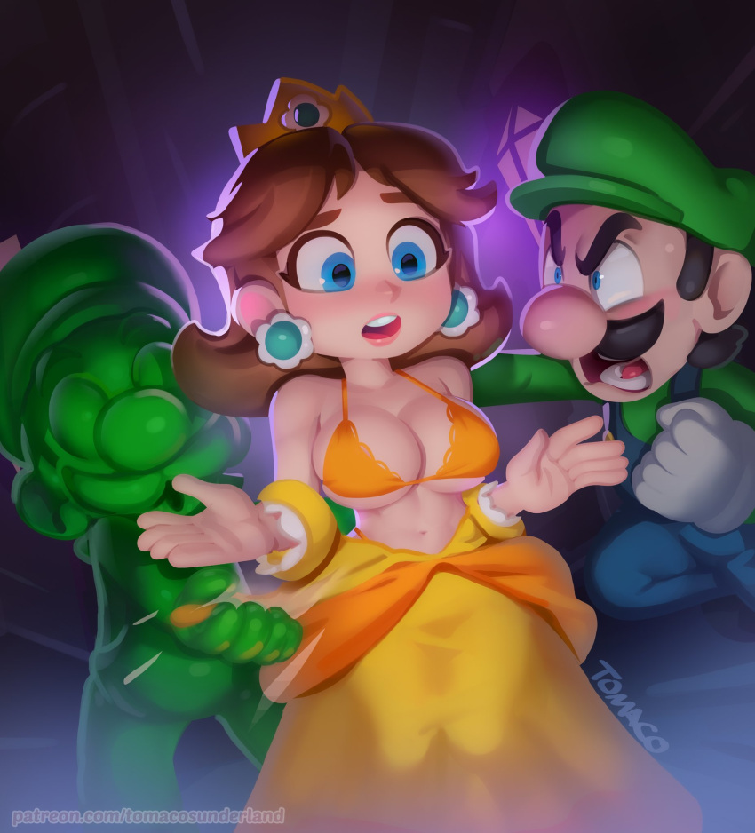 angry blue_eyes breasts earrings female gooigi indoors luigi luigi's_mansion male mario_(series) nintendo open_mouth princess_daisy super_mario_bros. tagme tomaco_sunderland