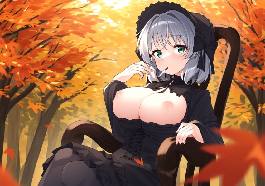 1girls ai_generated autumn autumn_leaves breasts_out chair forest large_breasts lolita_fashion looking_at_viewer nipples on_chair sanya_v_litvyak short_hair smoking strike_witches white_hair world_witches_series