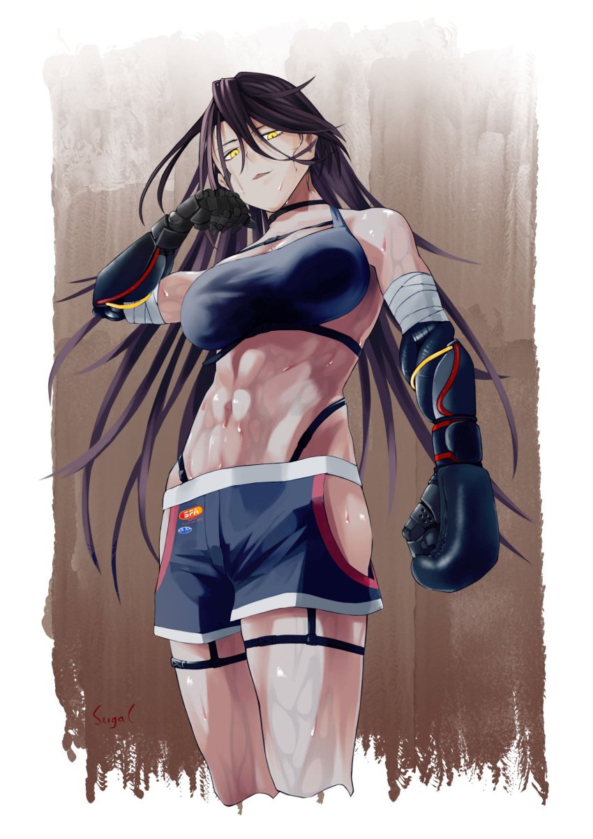 abs absurdres bandaged_arm bandages black_sports_bra boxing_gloves breasts brown_hair cowboy_shot cropped_legs dark-skinned_female dark_skin female girls'_frontline girls'_frontline_neural_cloud hair_between_eyes highres large_breasts long_hair looking_at_viewer magnhilda_(neural_cloud) mechanical_arms muscular muscular_female open_mouth shorts sports_bra sugac sweat yellow_eyes