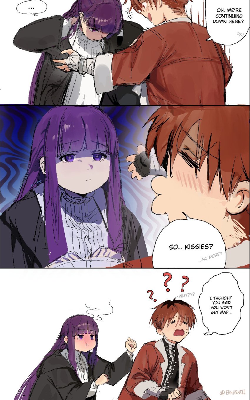 1boy 1girls angry angry_face big_breasts crouching crouching_female cute embarrassed embarrassed_female english_text ennhentai fanfiction female fern_(sousou_no_frieren) funny long_hair long_sleeves male manga manga_page orange_hair panels pouting purple_eyes purple_hair red_hair sfw sousou_no_frieren stark_(sousou_no_frieren) text tight_clothing wholesome