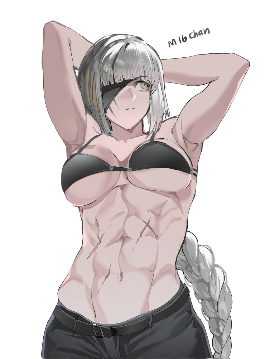 abs armpits arms_behind_back arms_up belt black_bra black_pants bra braid breasts character_name eyepatch female girls'_frontline grey_hair highres long_braid long_hair looking_to_the_side m16a1_(boss)_(girls'_frontline) m16a1_(girls'_frontline) multicolored_hair muscular muscular_female navel orange_eyes orange_hair pants scar scar_across_eye scar_on_face scar_on_stomach solo streaked_hair underwear upper_body white_background yongsadragon