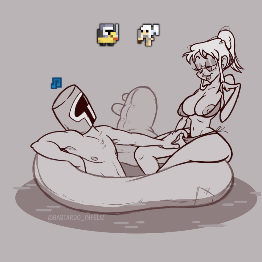 ass bare_chest bastardo_infeliz basttard beach breasts chest_hair inflatable knight_(rotmg) masked_male nipples peeping realm_of_the_mad_god sea swimsuit teasing thick_thighs trickster_(rotmg) undressing water white_hair