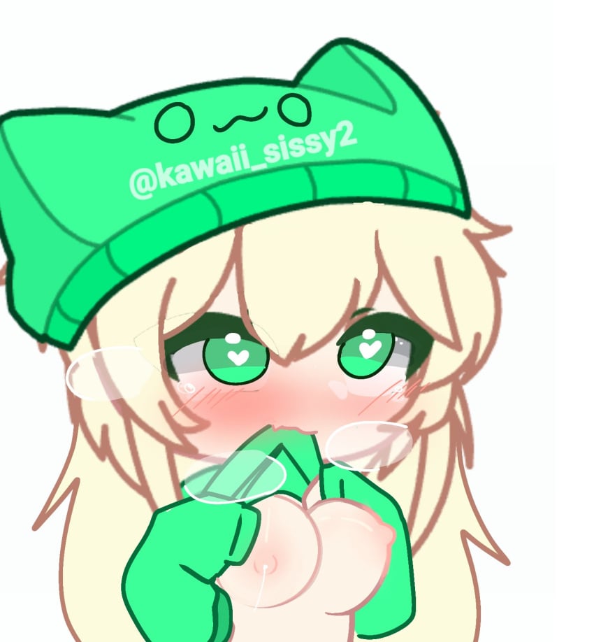 blonde_hair blush cute flashing_breasts gacha green_beanie green_eyes heart-shaped_pupils heavy_breathing meow_shady2