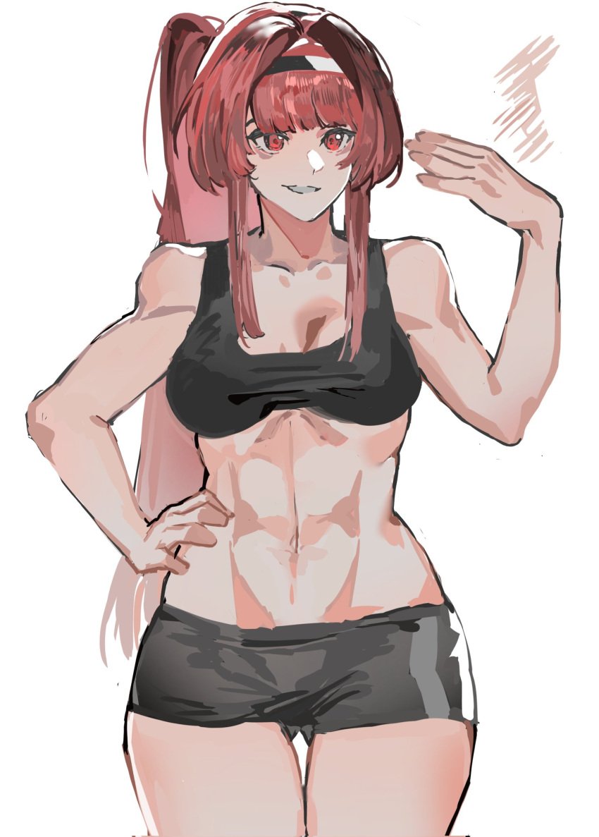 abs bare_arms bare_legs black_hairband black_shorts black_tank_top breasts female hairband highres long_hair medium_breasts muscular muscular_female parted_lips ponytail punishing:_gray_raven red_eyes red_hair short_shorts shorts sidelocks solo tank_top vera:_garnet_(punishing:_gray_raven) vera_(punishing:_gray_raven) very_long_hair white_background yongsadragon