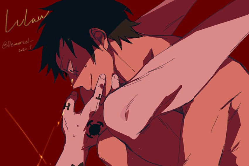 2boys arm_tattoo black_hair blush closed_mouth demorzel facial_scar gay hand_on_another's_face hand_tattoo implied_sex legs_up looking_at_another male male_focus male_only monkey_d_luffy multiple_boys nude one_piece scar scar_on_cheek scar_on_face short_hair smile sweatdrop tattoo toned toned_male trafalgar_law twitter_username yaoi