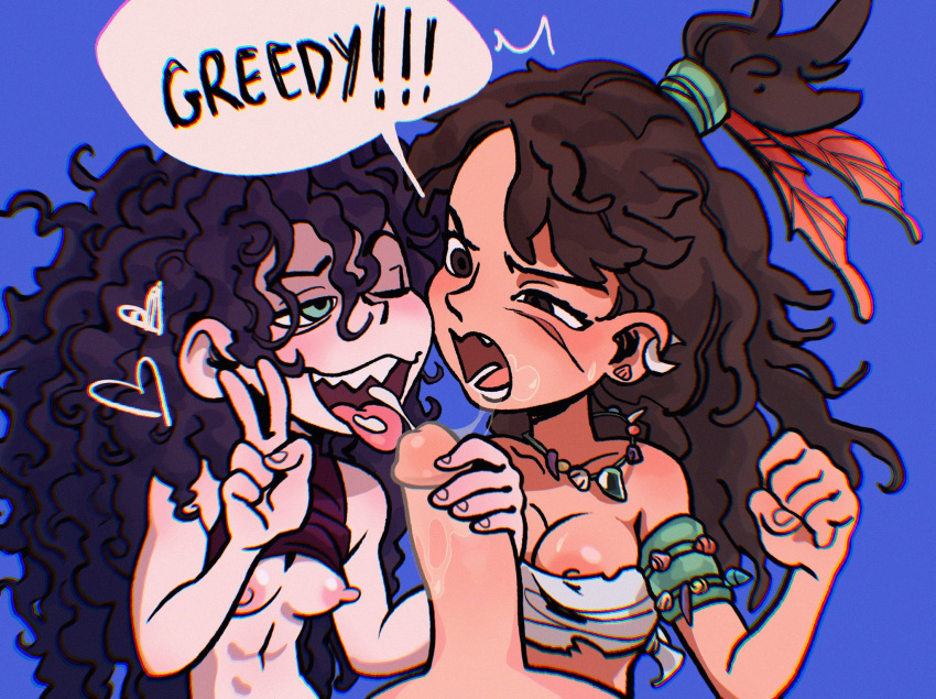 2girls black_hair breasts brown_hair collaborative_fellatio cum cum_in_mouth curly_hair long_hair male mix_comic