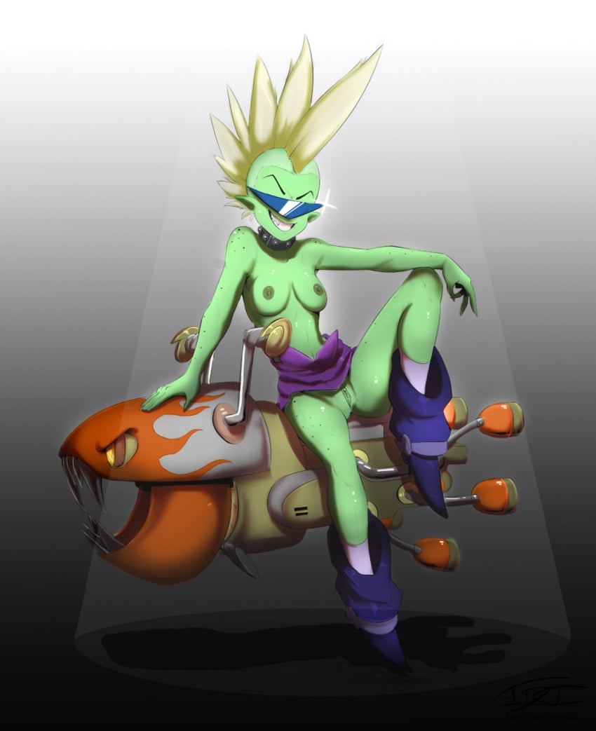 alien alien_humanoid blue-tinted_eyewear bottomwear breasts clothed clothing color_edit colored disney eyebrows eyewear female fingers footwear green_body green_skin grin hair hardtones hi_res humanoid humanoid_pointy_ears lord_dominator mohawk nipples punk shoes signature sitting smile solo sunglasses teeth third-party_edit tinted_eyewear topless uncensoddrich2 wander_over_yonder