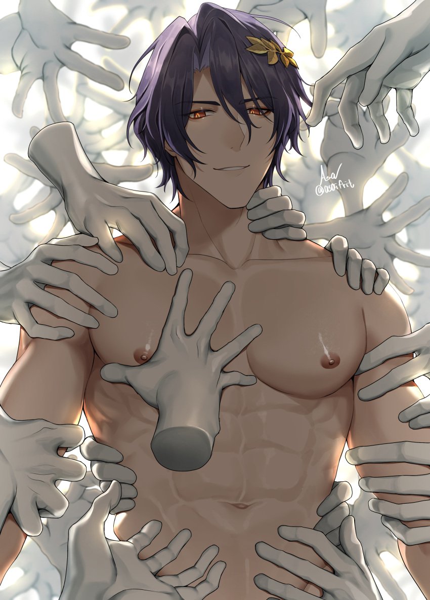 1boy abs asaifrit disembodied_hand disembodied_hands dr._ratio_(honkai:_star_rail) gay glowing_eyes hand honkai:_star_rail male_only muscular muscular_male purple_hair sculpture squeezing_breast touching_body yaoi