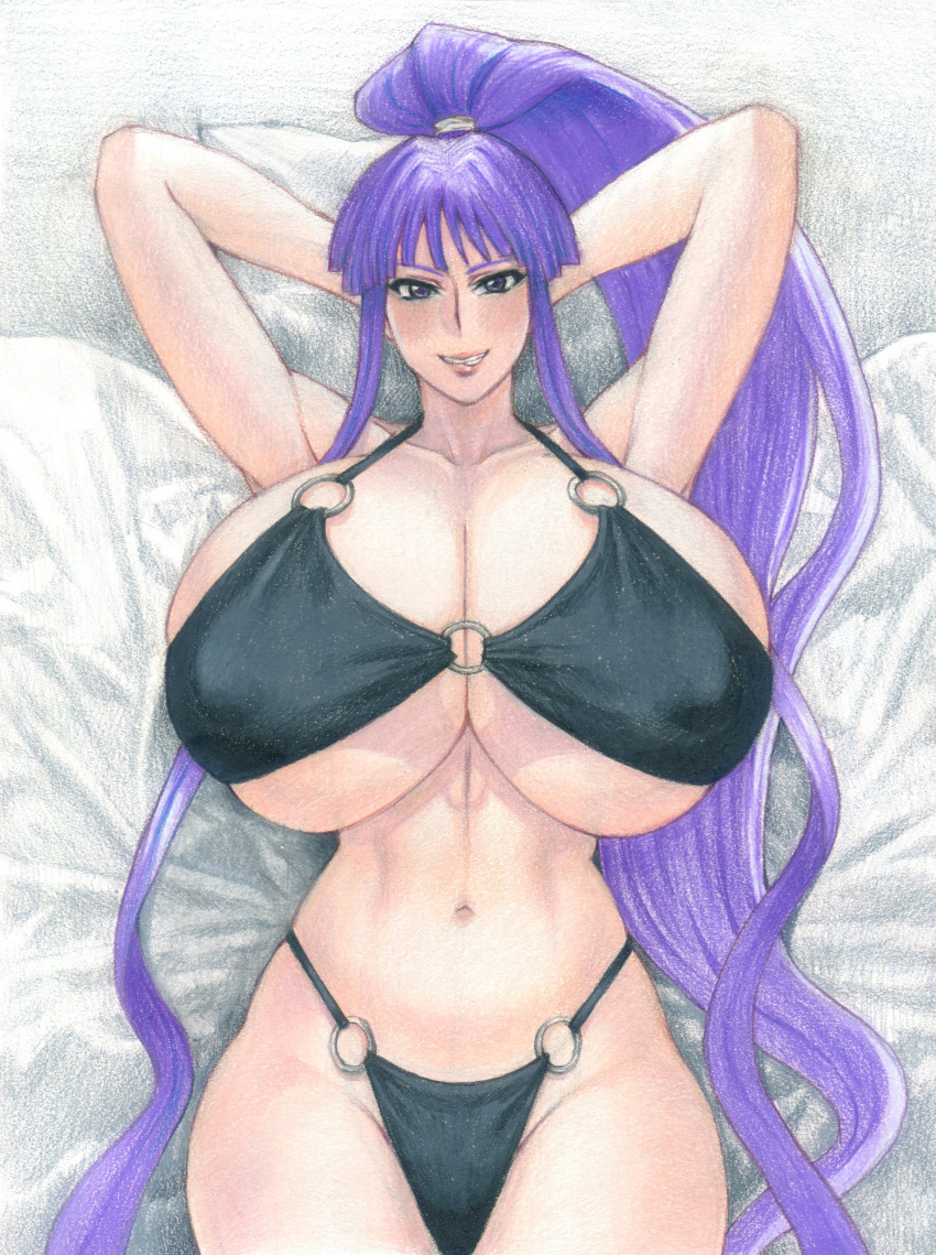 absurdres arms_behind_head arms_up asian asian_bimbo asian_female bikini bimbo bimbo_lips biting biting_lip black_bikini breasts cleavage eiken female gigantic_breasts highleg highleg_bikini highres kirika_misono lips lipstick long_hair lying misono_kirika navel o-ring o-ring_bikini o-ring_bottom o-ring_top on_back paag pale-skinned_female ponytail purple_eyes purple_hair redmaiden sidelocks swimsuit thighs traditional_media very_long_hair