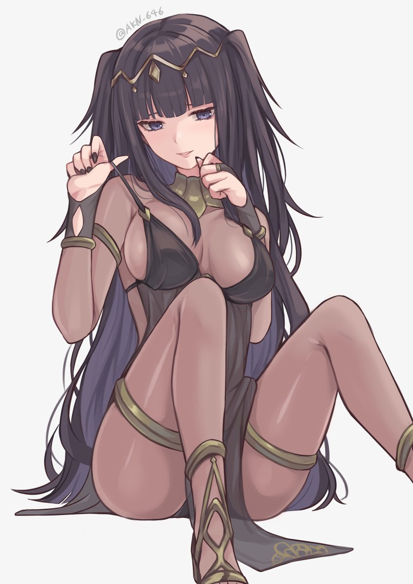 1girls absurdres alternate_costume bangs black_hair blunt_bangs bodystocking bodysuit bracelet breasts bridal_gauntlets circlet cleavage female female_only fire_emblem fire_emblem_awakening highres jewelry large_breasts long_hair looking_at_viewer medium_breasts nintendo purple_eyes shimizu_akina smile solo solo_female strip_tease teasing tharja_(fire_emblem) tiara two_side_up undressing