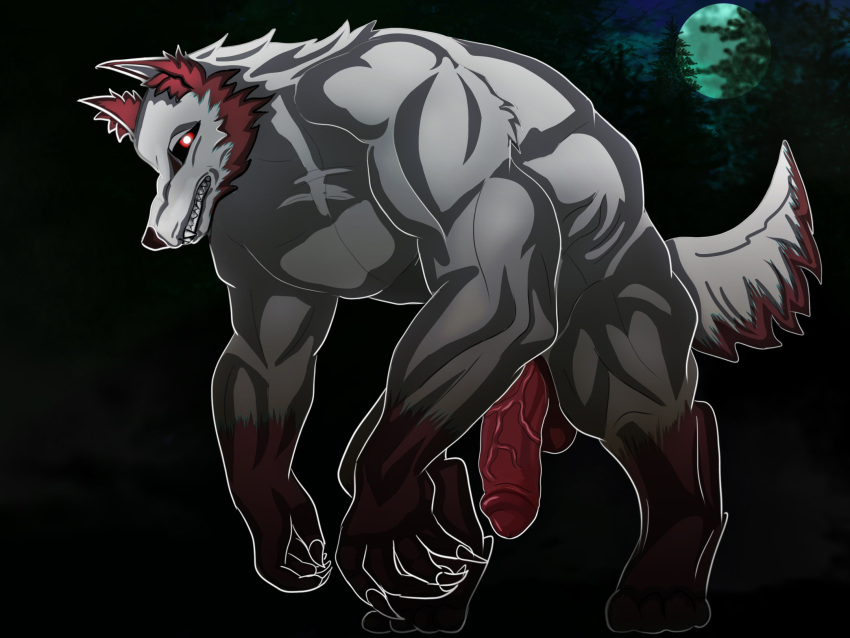 angry anthro big_penis canid canine canis danger darkness fangs forest genitals half-erect hi_res kiu_piu male mammal moon muscular muscular_anthro muscular_male penis plant solo tree wolf