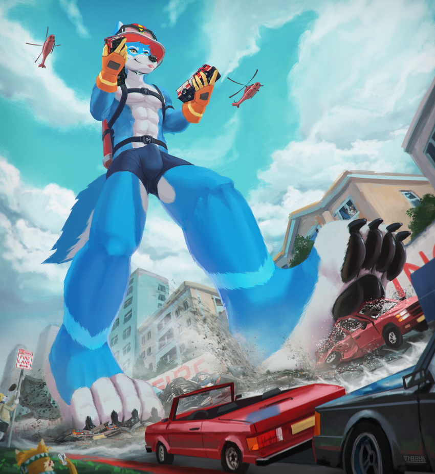 2020 absurd_res aircraft anthro blue_body bulge car city cloud destruction feet firefighter fur furry genital_outline helicopter hi_res macro male male_focus mammal multicolored_body multicolored_fur penis_outline plantigrade sky stomping thb886 two_tone_body two_tone_fur vehicle