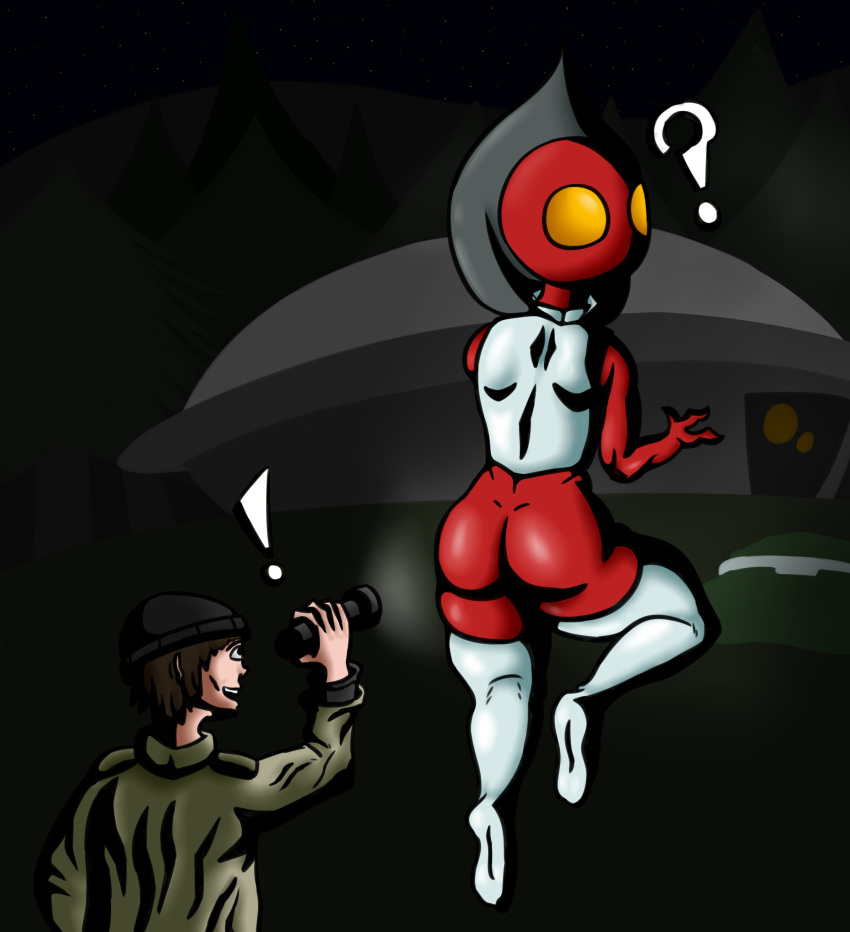 1boy 1girls absurd_res alien alien_girl ass back backview cryptid female flashlight flatwoods_monster forest hi_res human infiniteshades male night night_time original thigh_highs thighhighs ufo