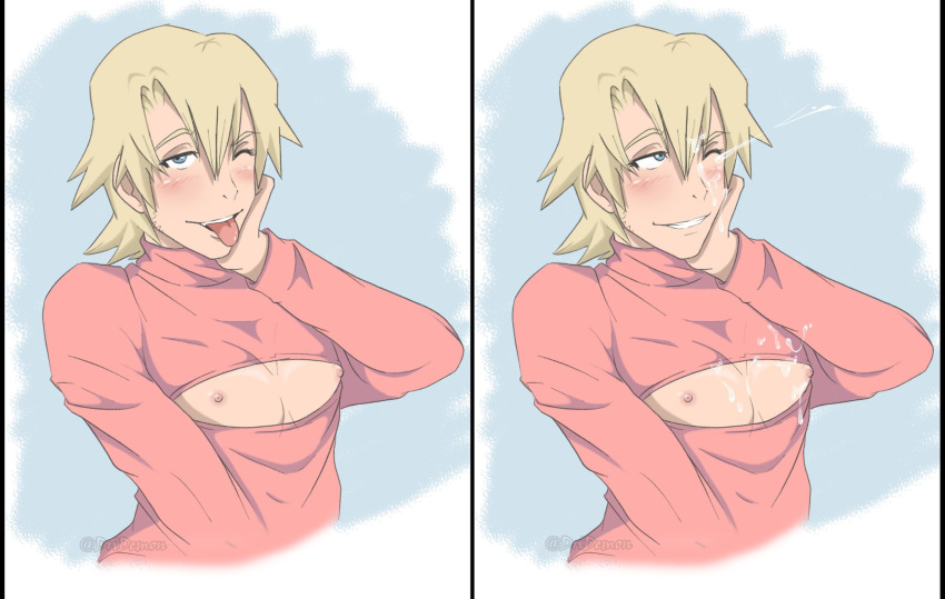 2021 blonde_hair blue_eyes blush cum cum_on_face cum_on_upper_body dridemon great_pretender laurent_thierry male_only open_clothes smile sweater tongue_out